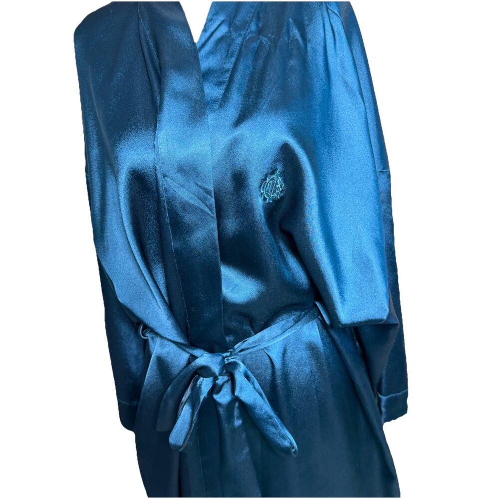 Christian Dior Vintage‎ Women’s Robe Size Large Teal Blue Satin Long Belted - Picture 3 of 10